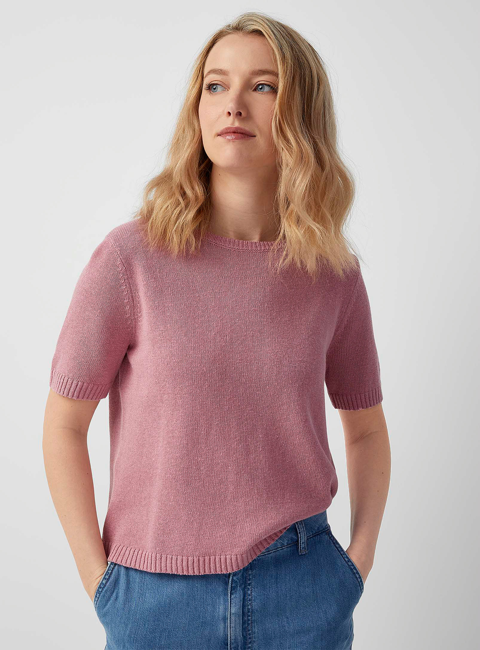 Contemporaine Linen And Cotton Cropped Sweater In Pink