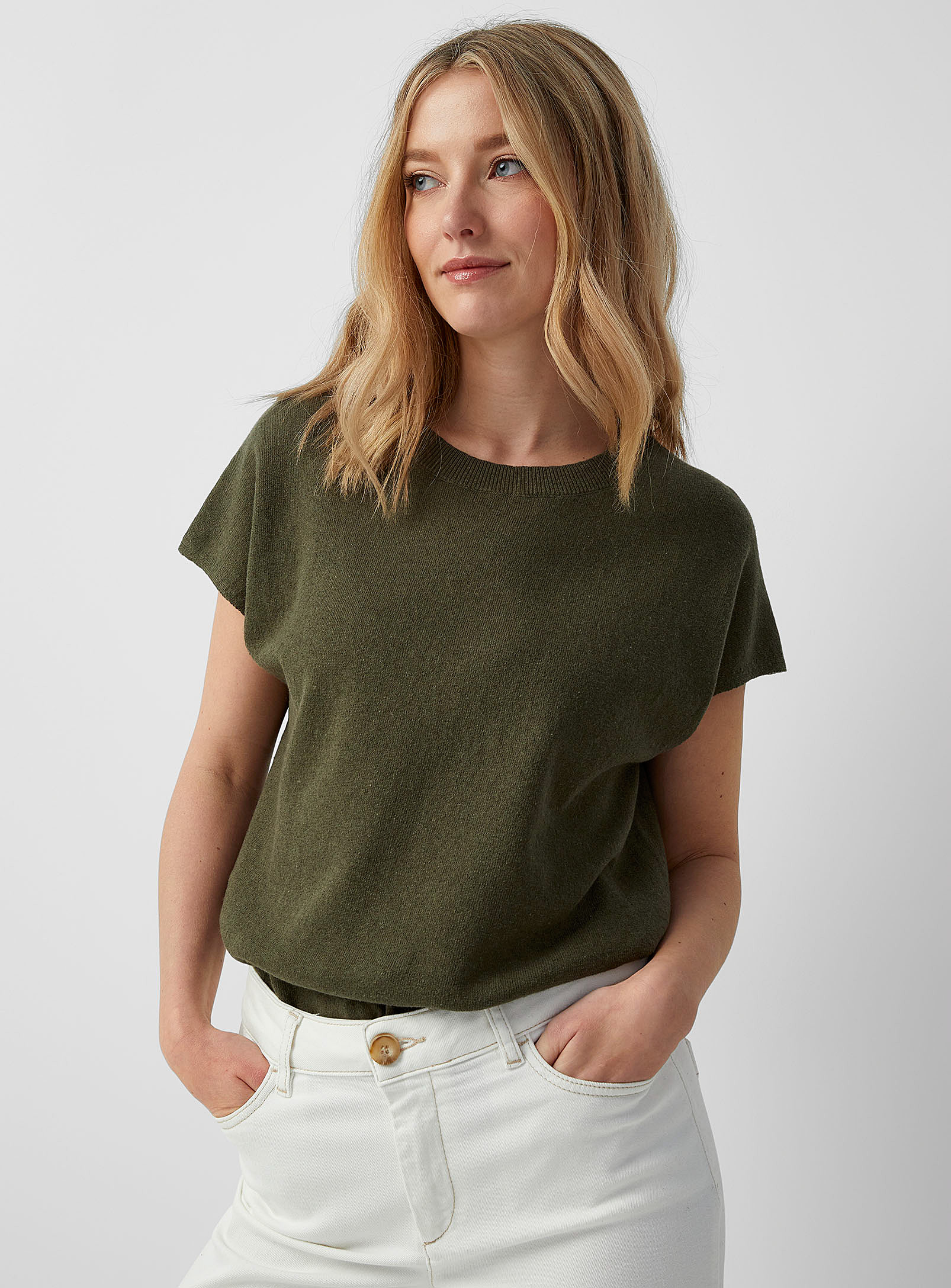 Contemporaine Cap Sleeves Lightweight Sweater In Mossy Green