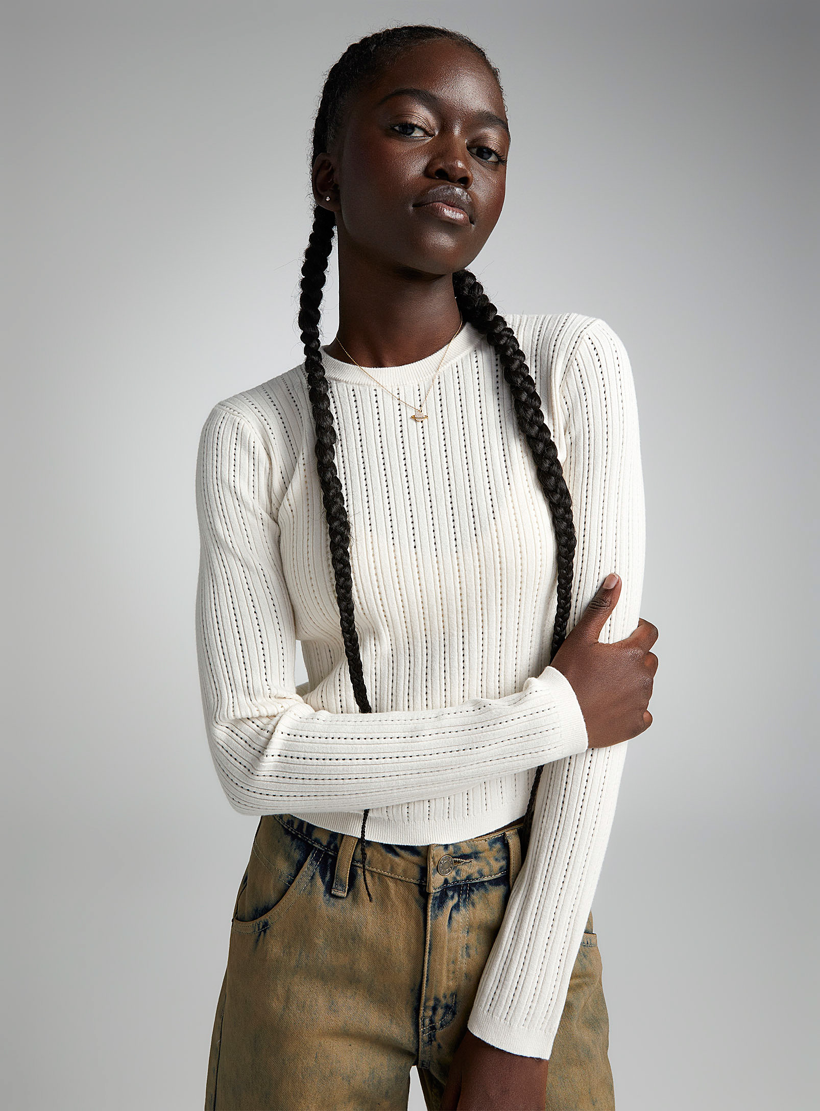 Twik Pointelle Knit-stripe Sweater In Ivory White
