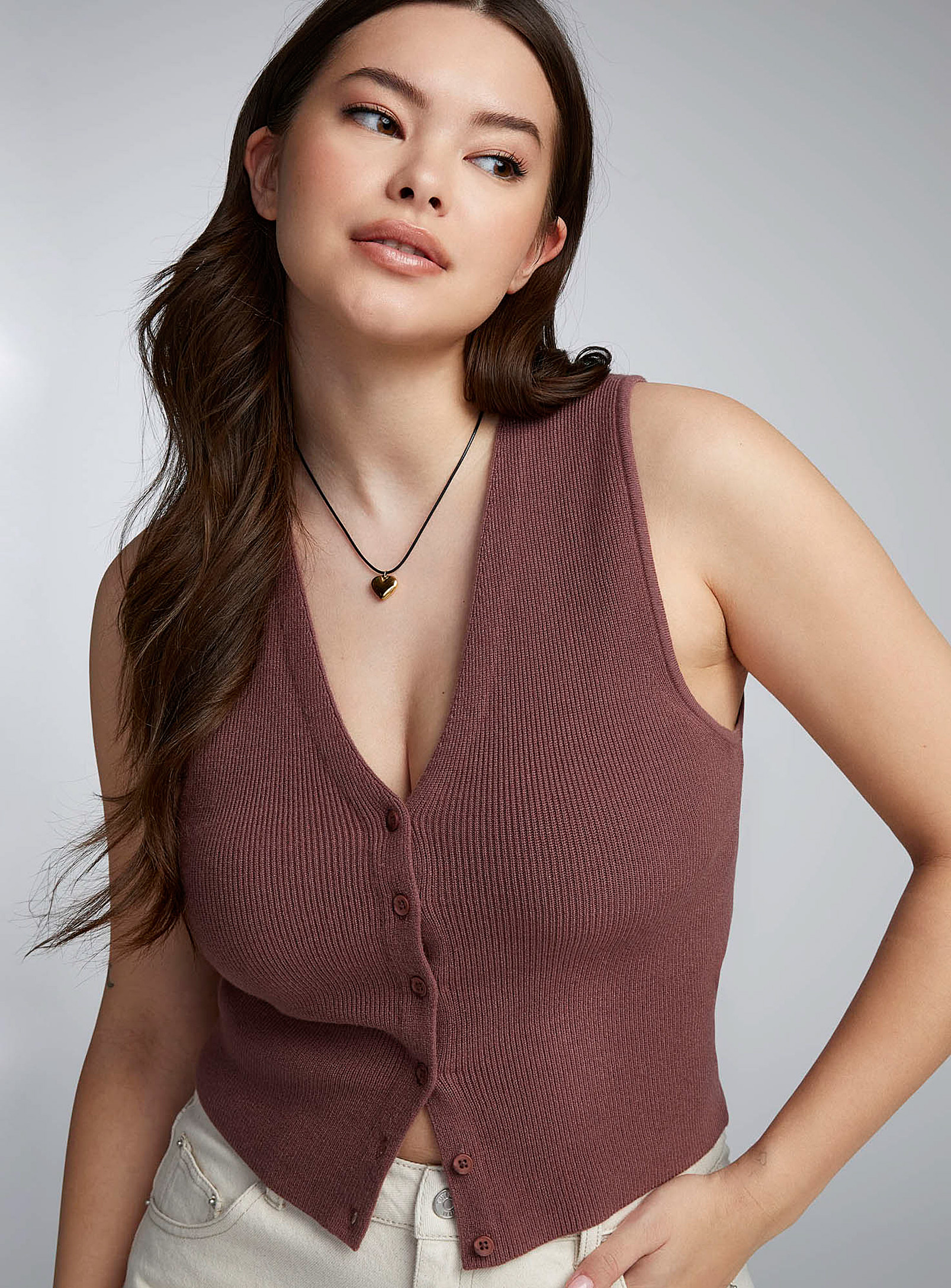 Twik Buttoned Mini-ribbing Fitted Vest In Dusky Pink
