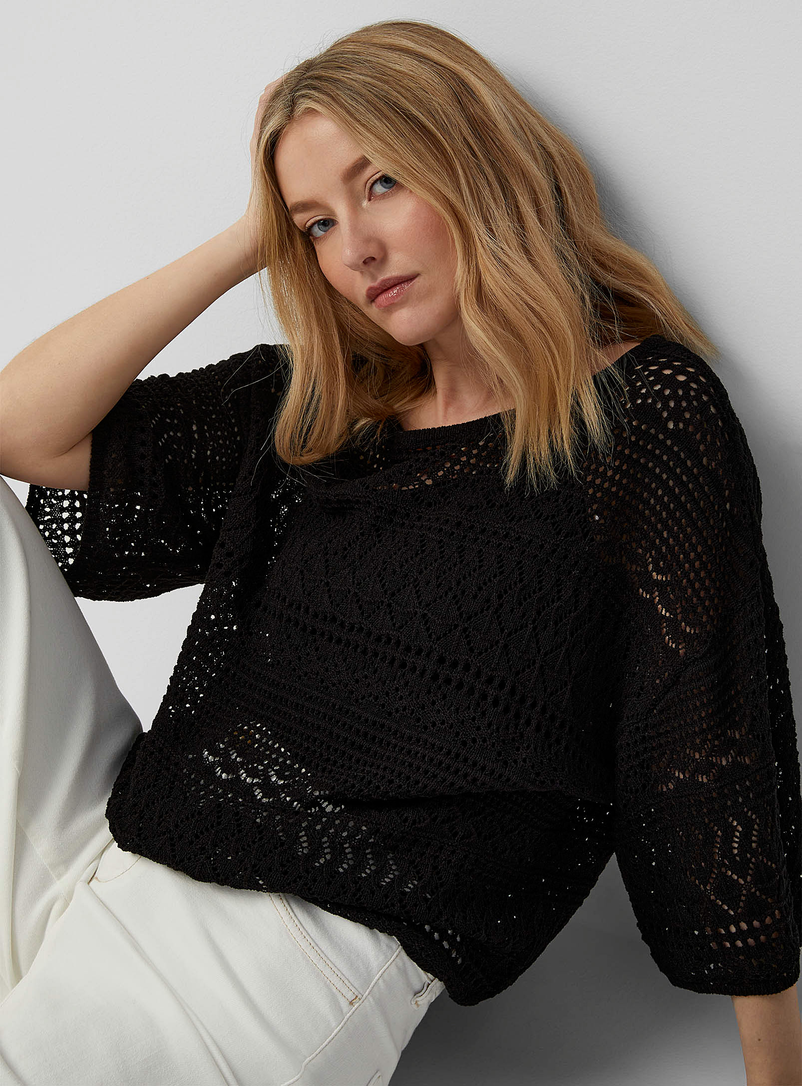 Contemporaine Pointelle Pattern Loose Cropped Sweater In Black