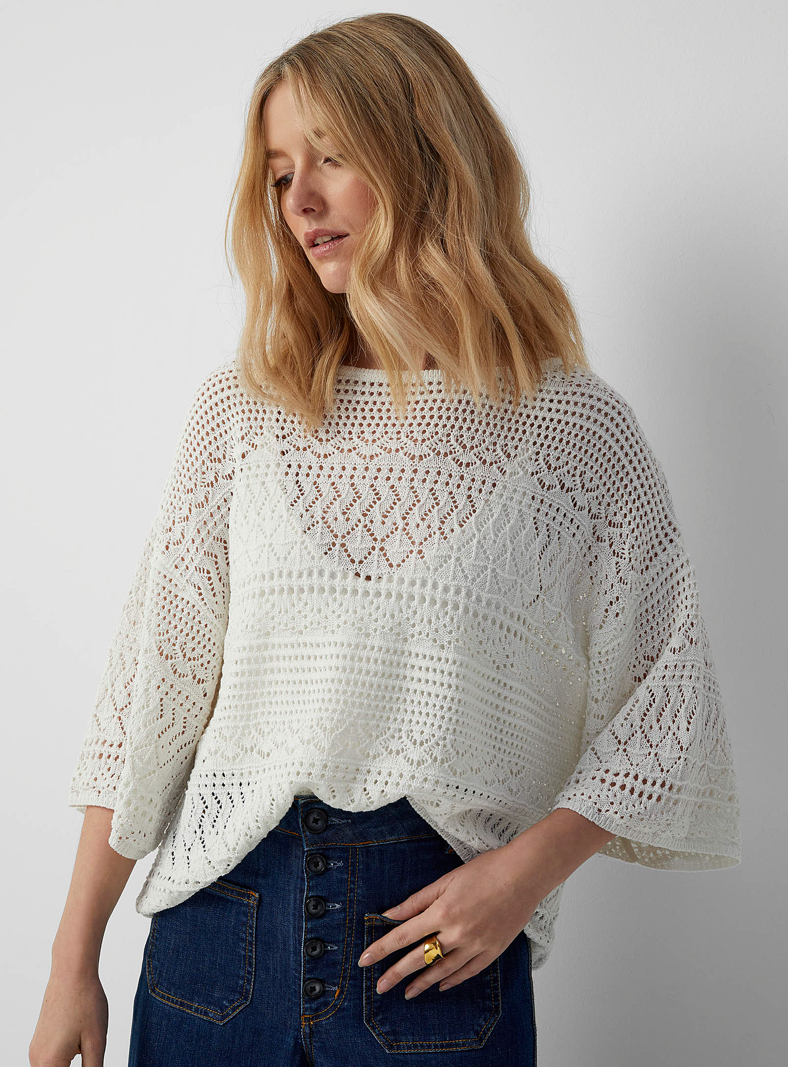 Contemporaine Pointelle Pattern Loose Cropped Sweater In White