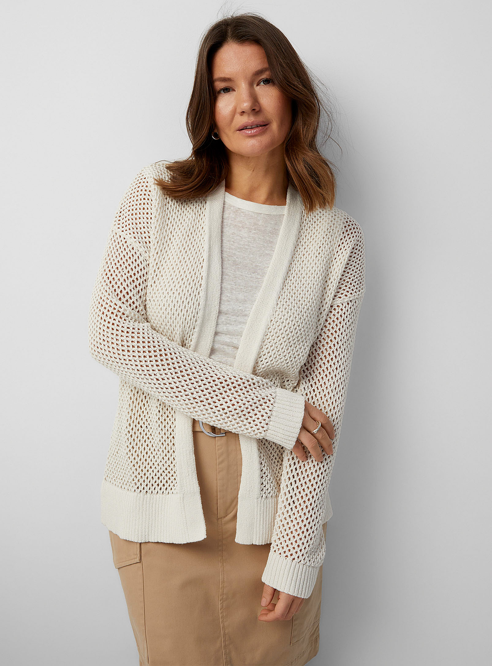 Contemporaine Mesh Weave Open Cardigan In Ivory White