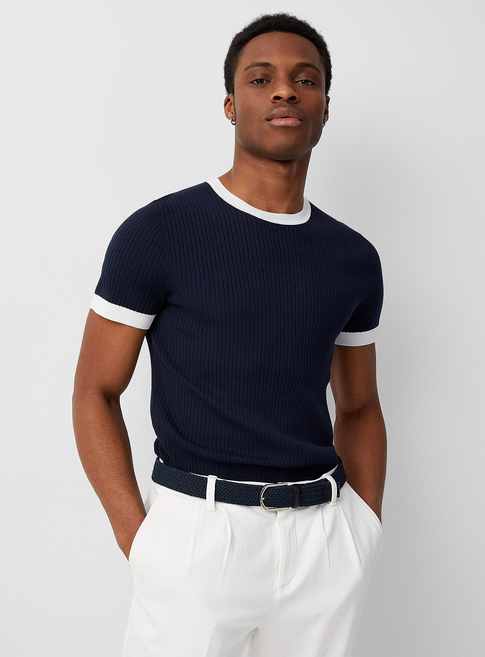 Le 31 Accent Trim Ribbed Sweater In Patterned Blue