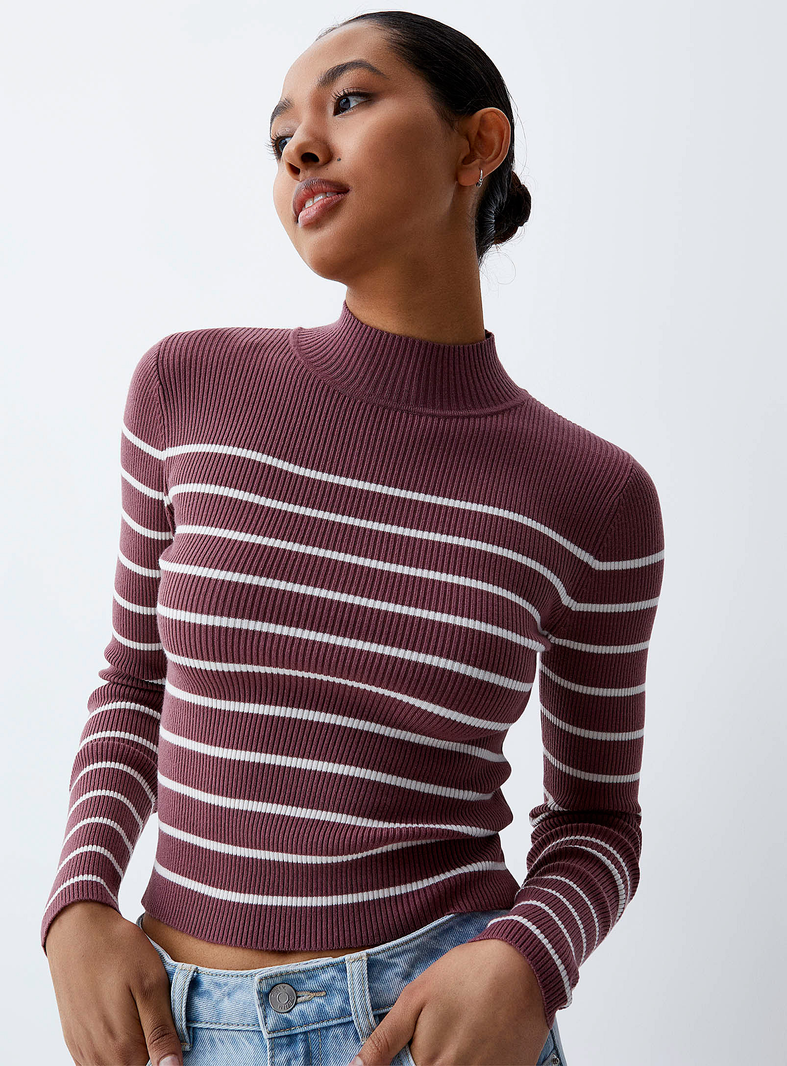 Twik Striped Fine Ribbing Mock-neck Sweater In Dusky Pink