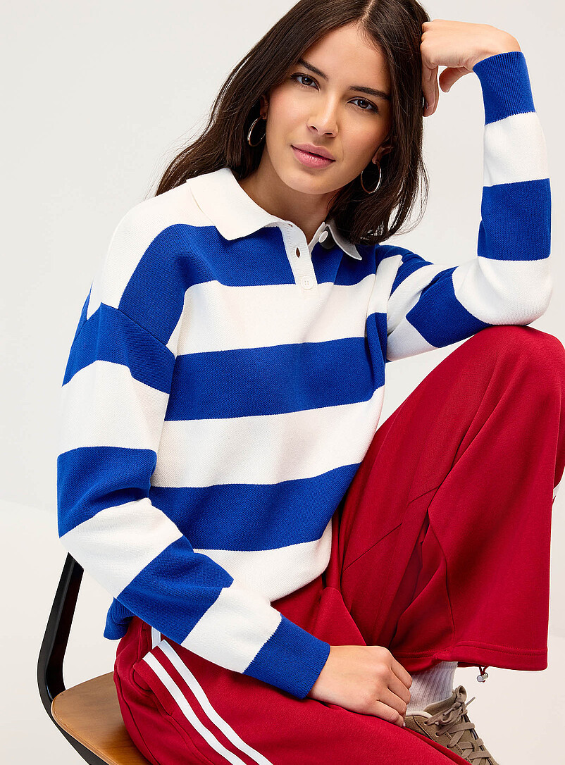 Wide Stripe Polo-Collar Sweater