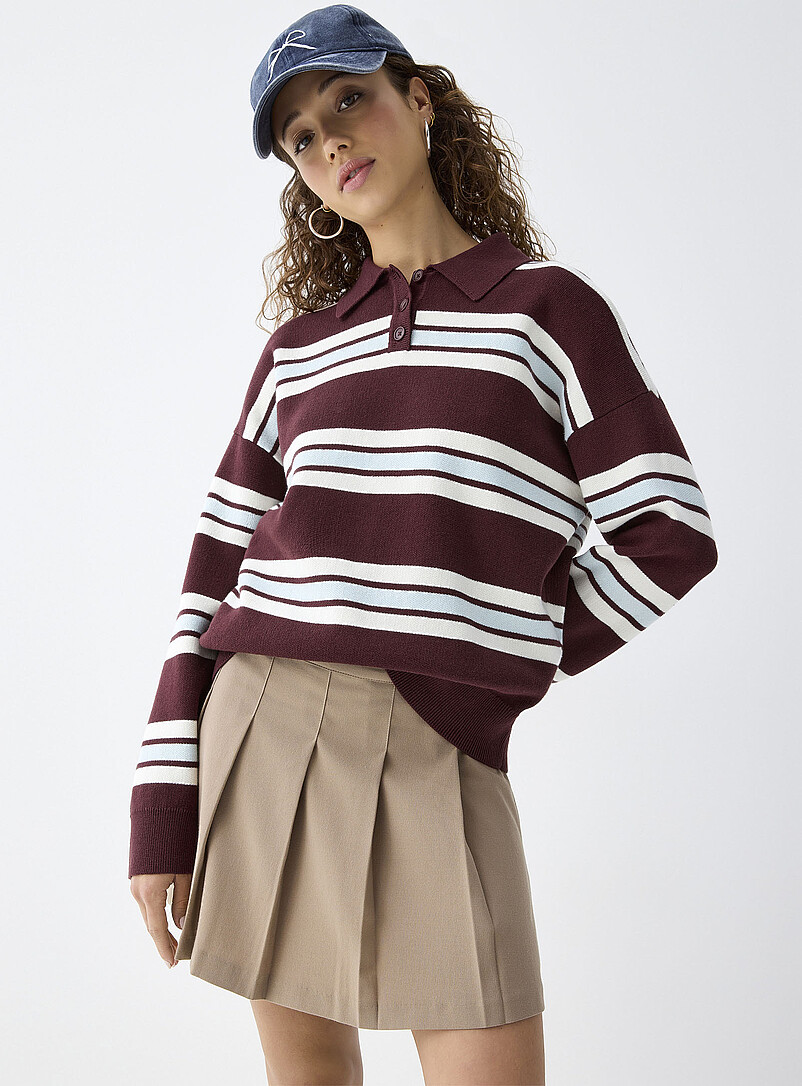 Wide Stripe Polo-Collar Sweater