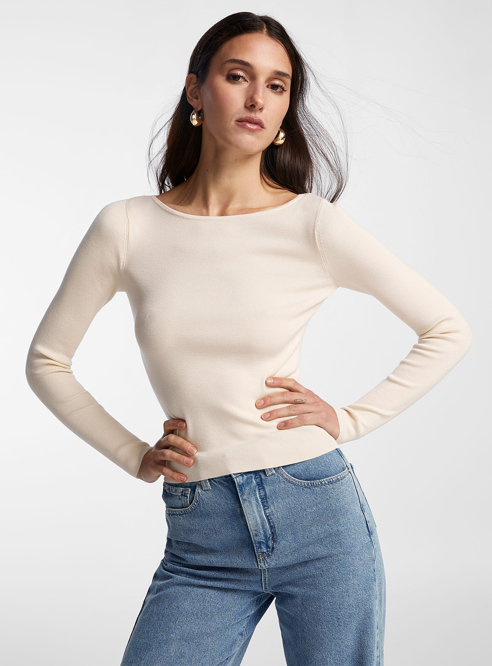 Icone Boat Neck Fine Ribbing Fitted Sweater In Off White