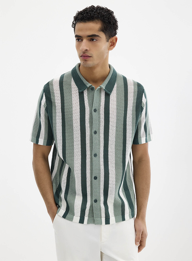 Striped pointelle-knit polo-collar cardigan product image (primary)