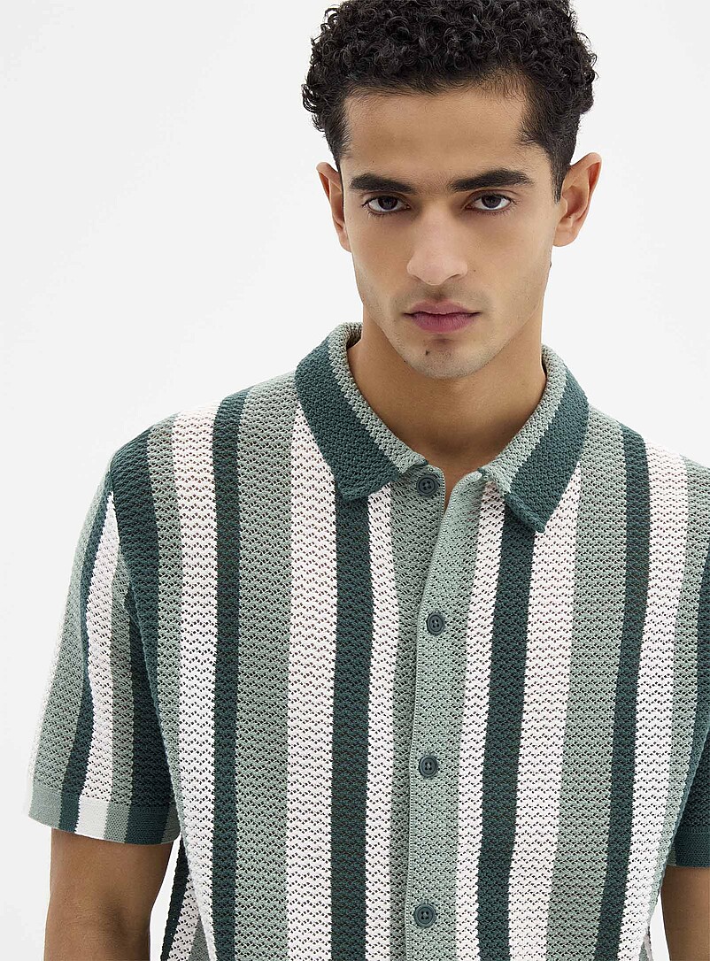 Striped pointelle-knit polo-collar cardigan product image 2