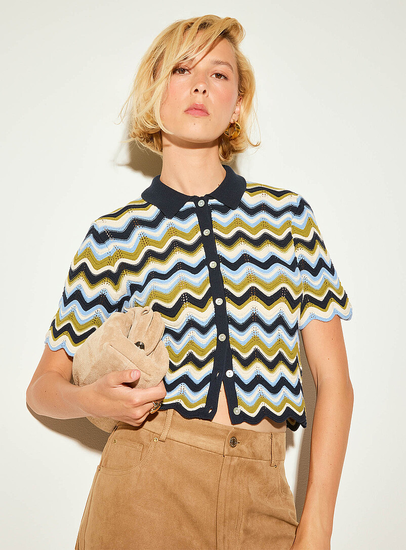 Waves and openwork polo collar cropped cardigan product image (primary)