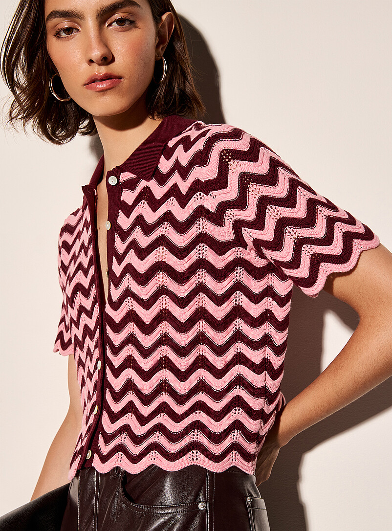 Waves And Openwork Polo Collar Cropped Cardigan
