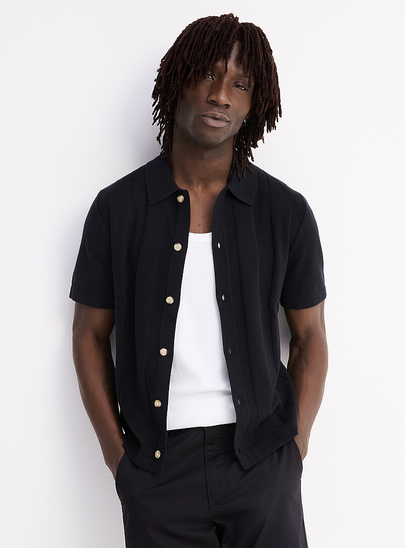 Flat-Ribbed Polo-Collar Cardigan