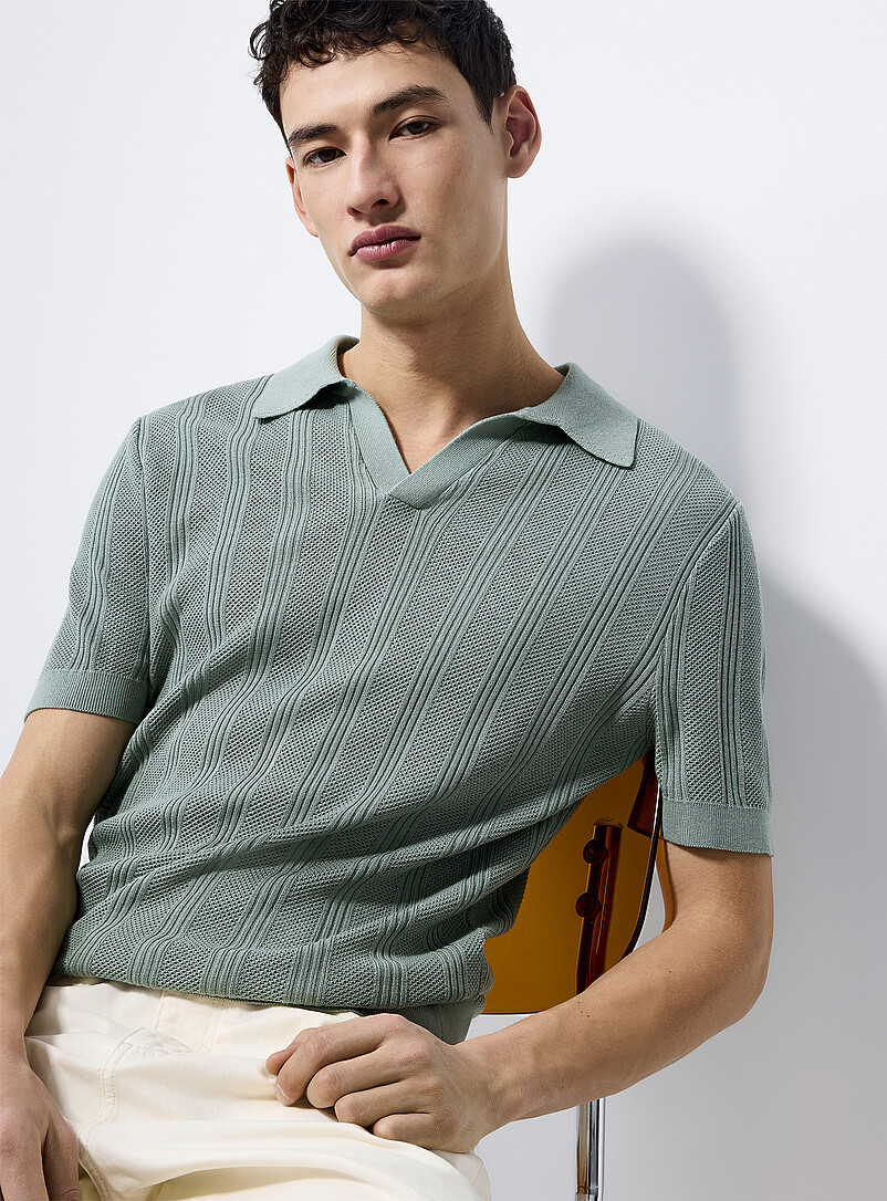 Openwork Knit Johnny Collar Polo