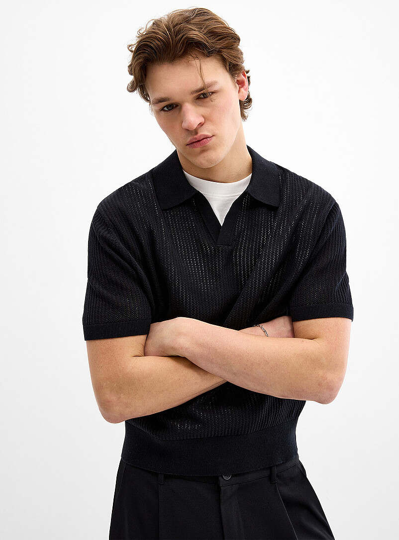 Pointelle-Ribbed Johnny-Collar Polo