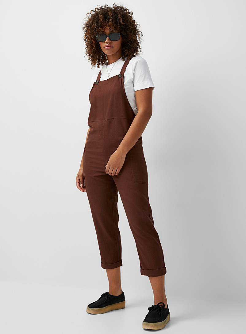 Twik Medium Brown Linen-blend utility overalls for women