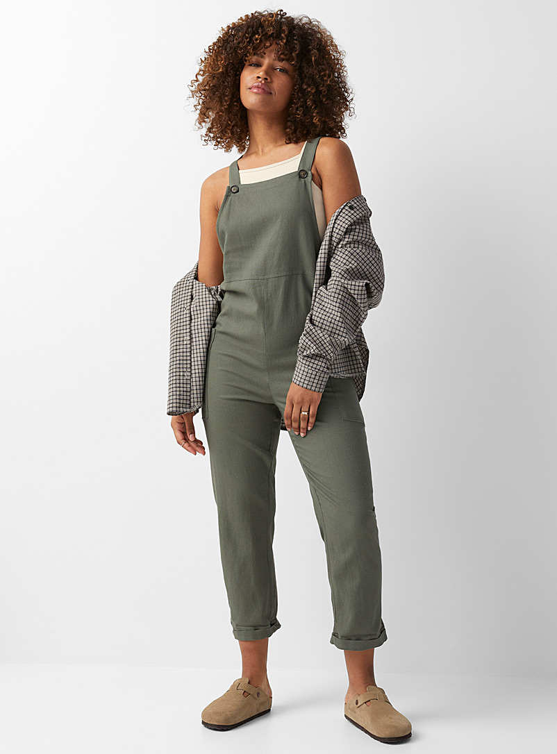 Twik Lime Green Linen-blend utility overalls for women