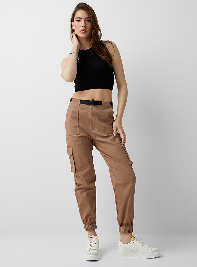 Twik Light Brown Structured twill cargo joggers for women