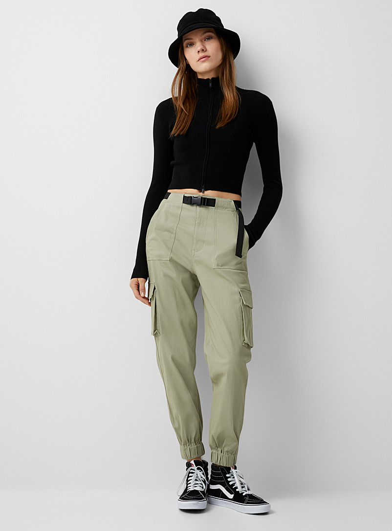 Twik Lime Green Structured twill cargo joggers for women