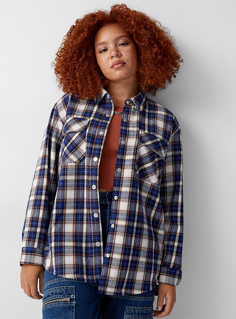 Twik Patterned Blue Cottage check flannel overshirt for women