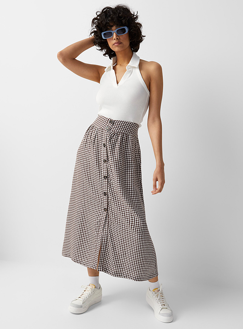 Twik Patterned Brown Buttons and linen midi skirt for women