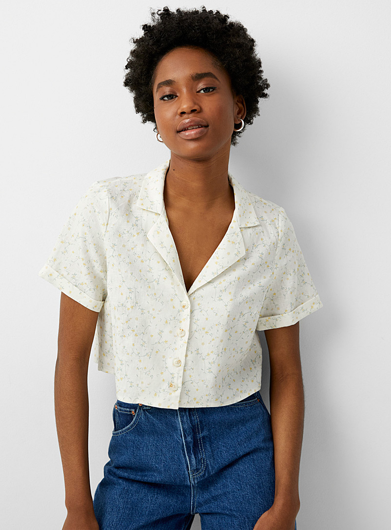 Twik Patterned White Notched-collar boxy linen shirt for women
