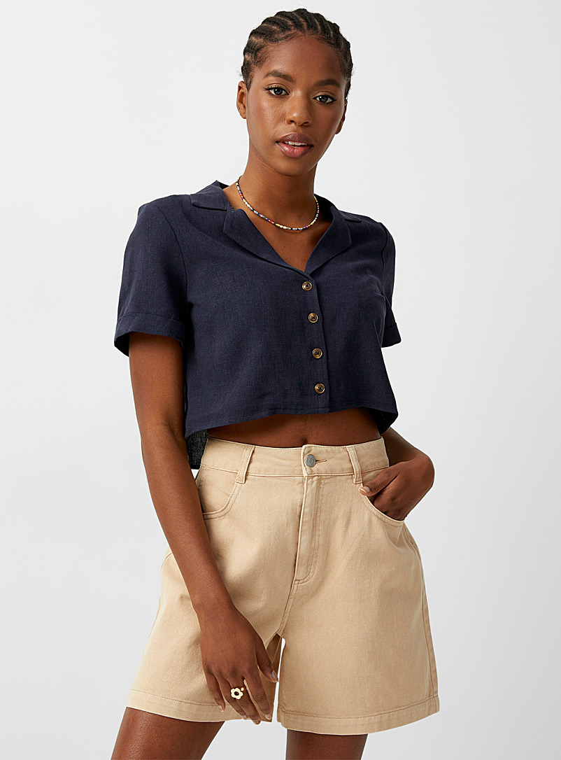 Twik Blue Notched-collar boxy linen shirt for women
