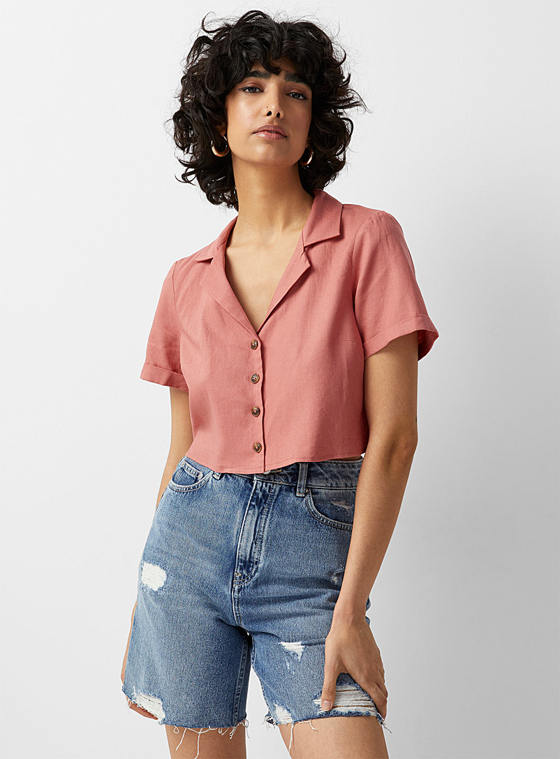 Twik Pink Notched-collar boxy linen shirt for women