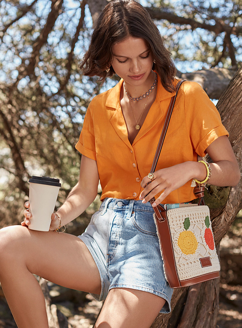 Twik: La chemise carrée col ouvert lin Tangerine pour femme