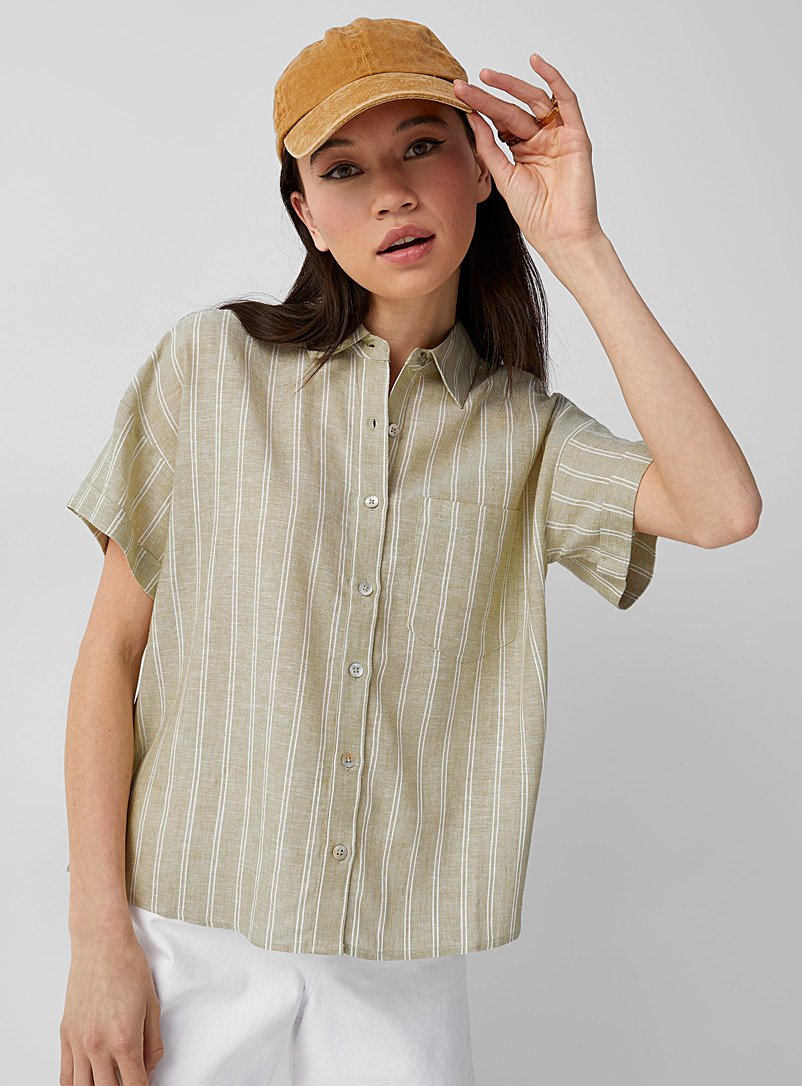 Twik: La chemise carrée lin Vert à motifs pour femme