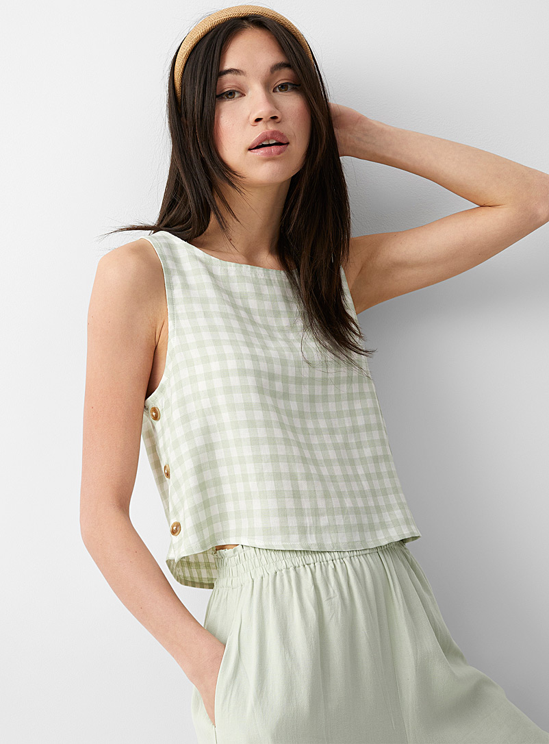 Twik: La camisole lin boutons latéraux Vert à motifs pour femme
