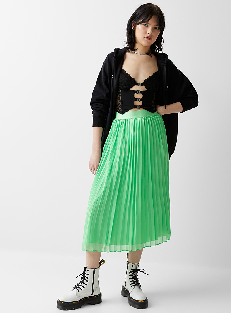 Twik Lime Green Pleated voile midi skirt for women