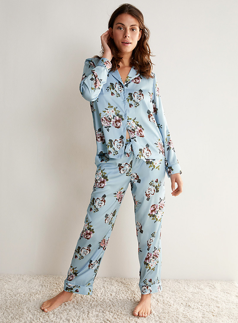 Miiyu Blue Patterned satiny pyjama set for women