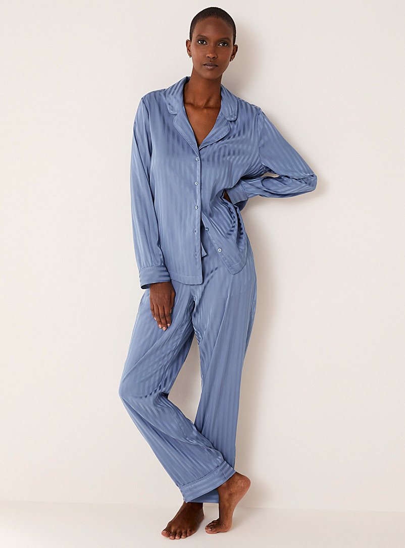 Miiyu Baby Blue Satiny patterned pyjama set for women