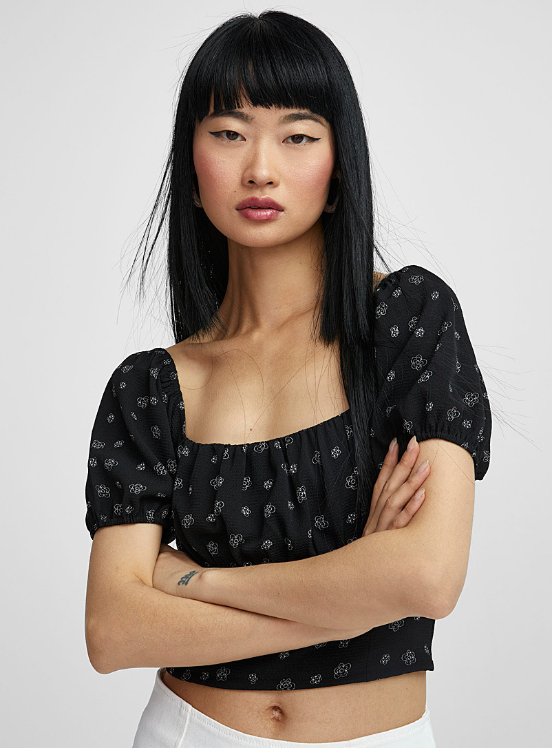 Twik Patterned Black Waffled bubble blouse for women