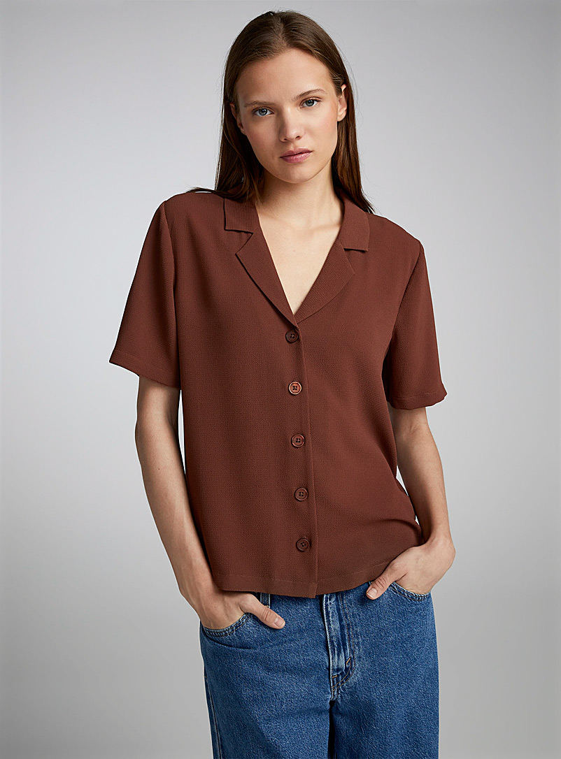 Twik Brown Waffled open-collar shirt for women
