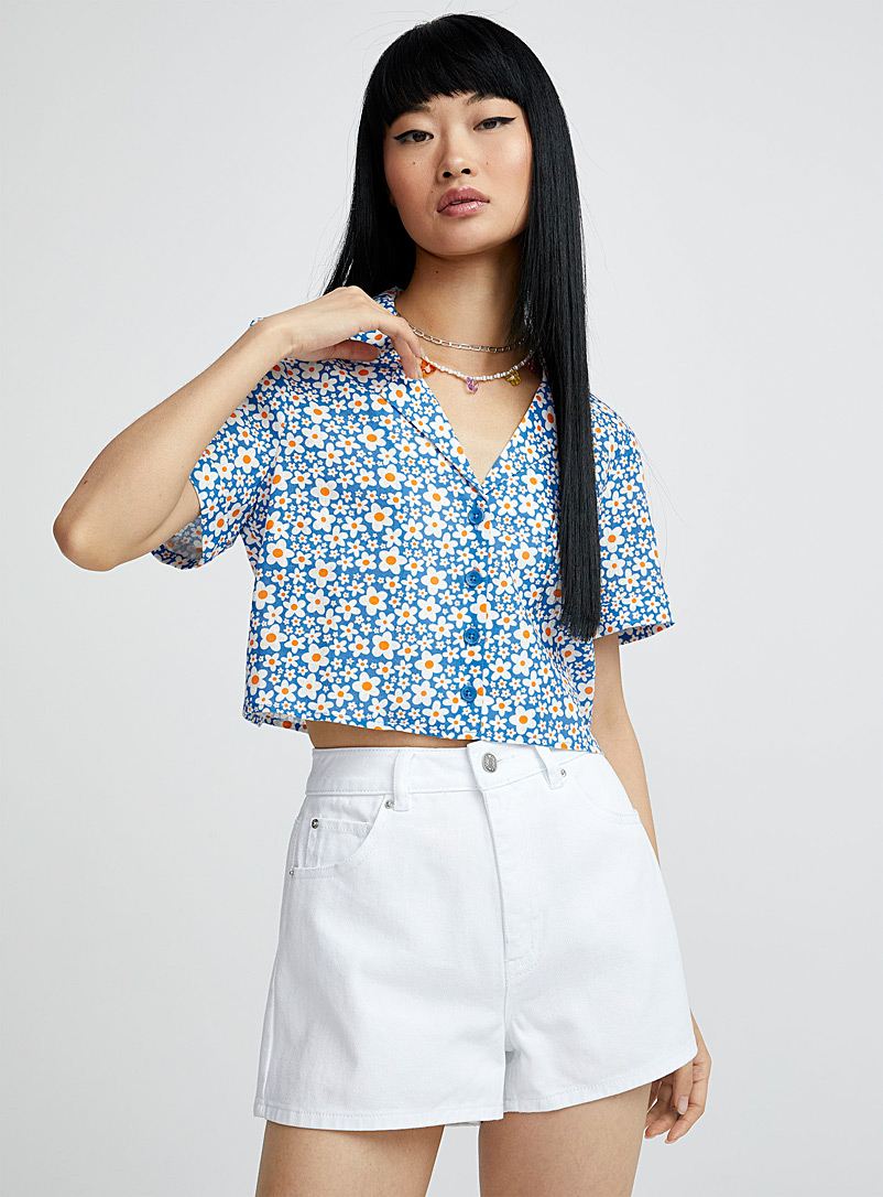Twik Patterned Blue Organic linen open-collar shirt for women