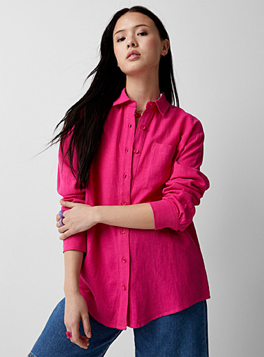 Twik Medium Pink Patch pocket organic linen shirt for women