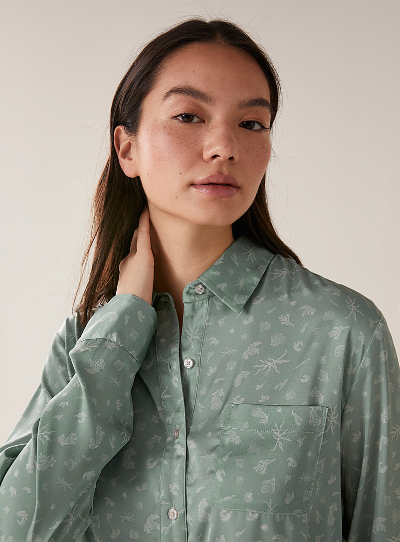 Miiyu Patterned green Silky satin lounge shirt for women