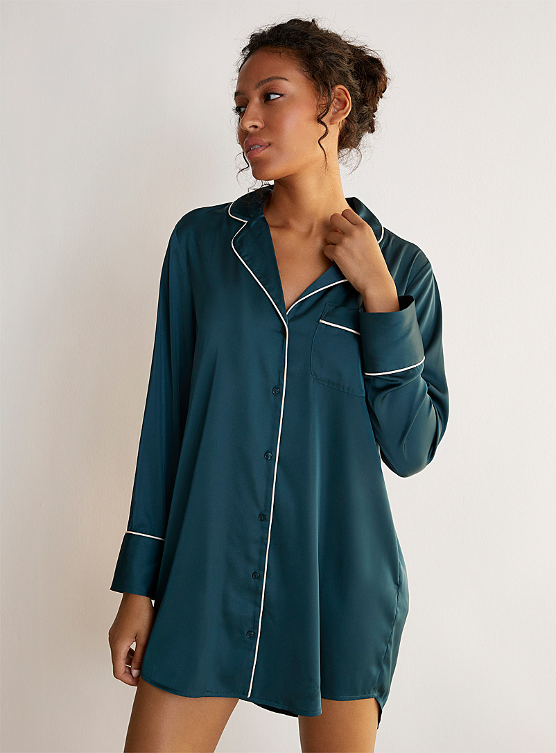Miiyu Mossy Green Silky satin piped nightshirt for women