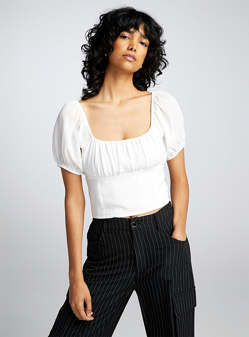 Twik Ivory White Puff-sleeve waffled blouse for women