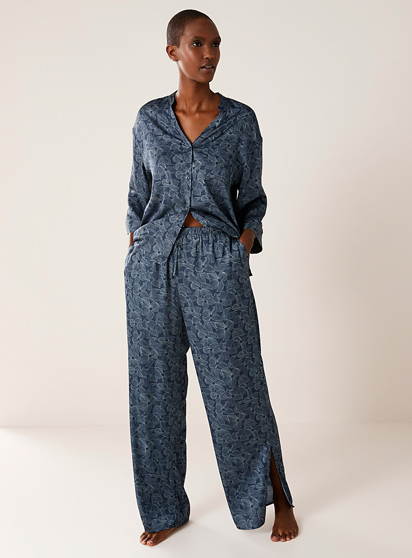 Miiyu Marine Blue Satiny flowy pyjama set for women