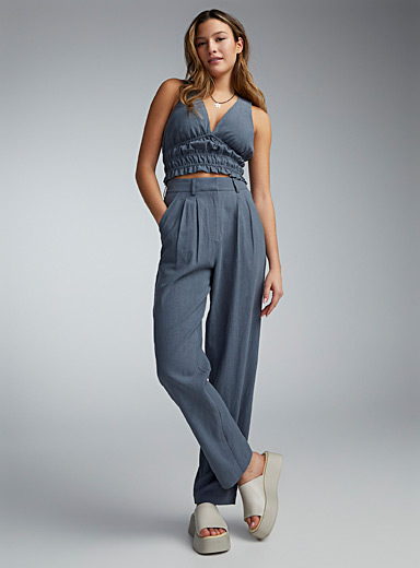 Women Cotton Linen Pants with Button Overall Wide Leg Trousers