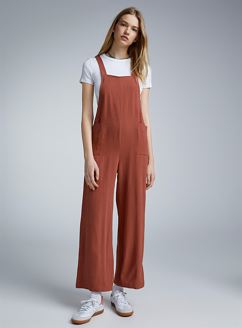 Twik Fawn/Tobacco Patch pockets organic linen overalls for women