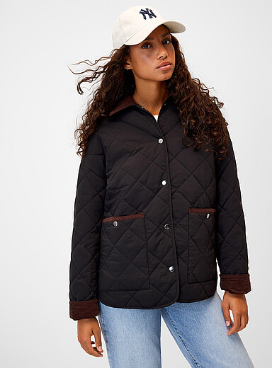 Corduroy-trimmed diamond-quilted jacket