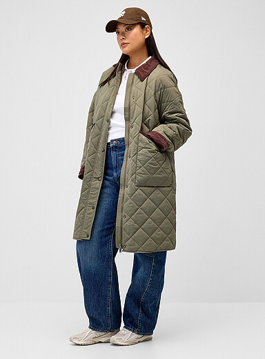 Twik Green Long corduroy-trimmed quilted jacket for women
