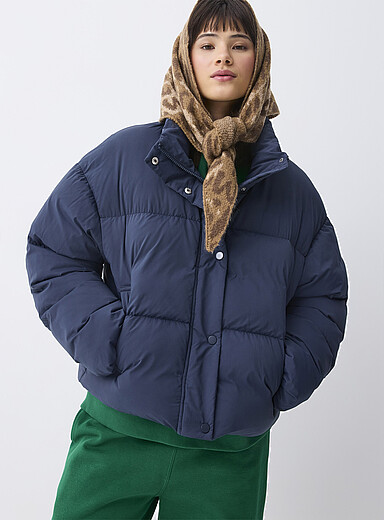 Twik Navy/Midnight Blue Matte canvas cropped puffer jacket for women