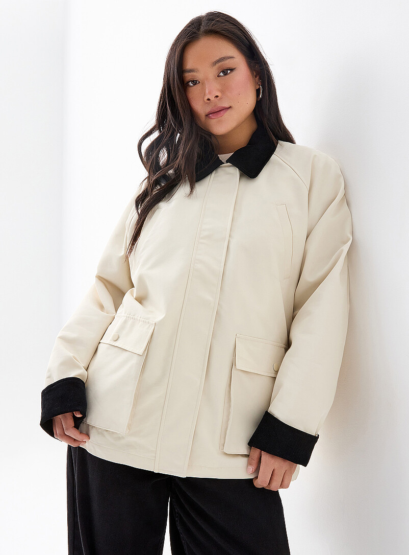 Twik: La veste twill accents velours c&ocirc;tel&eacute; Ivoire - Beige cr&egrave;me pour femme