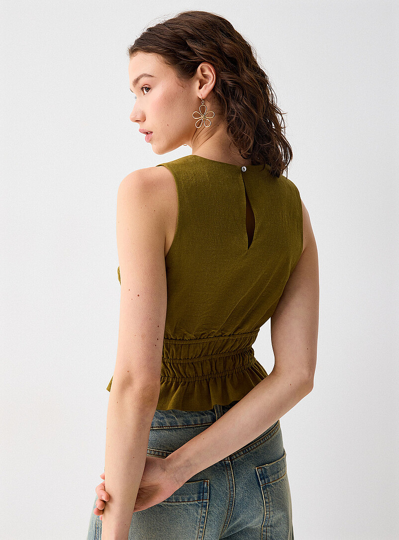Twik Khaki/Sage/Olive Smocked waist linen blend camisole for women