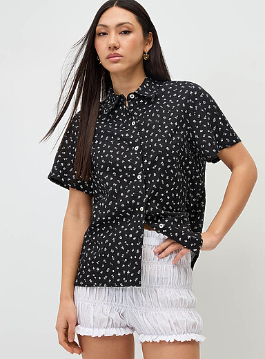 Twik Patterned Black Patterned linen-blend shirt for women